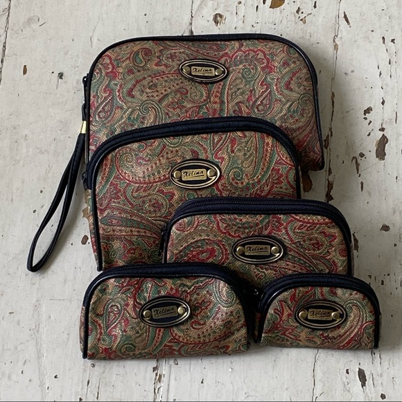 Vintage Xelina Cosmetic Travel Paisley Print Vinyl 5 Bag Set - Picture 3 of 9